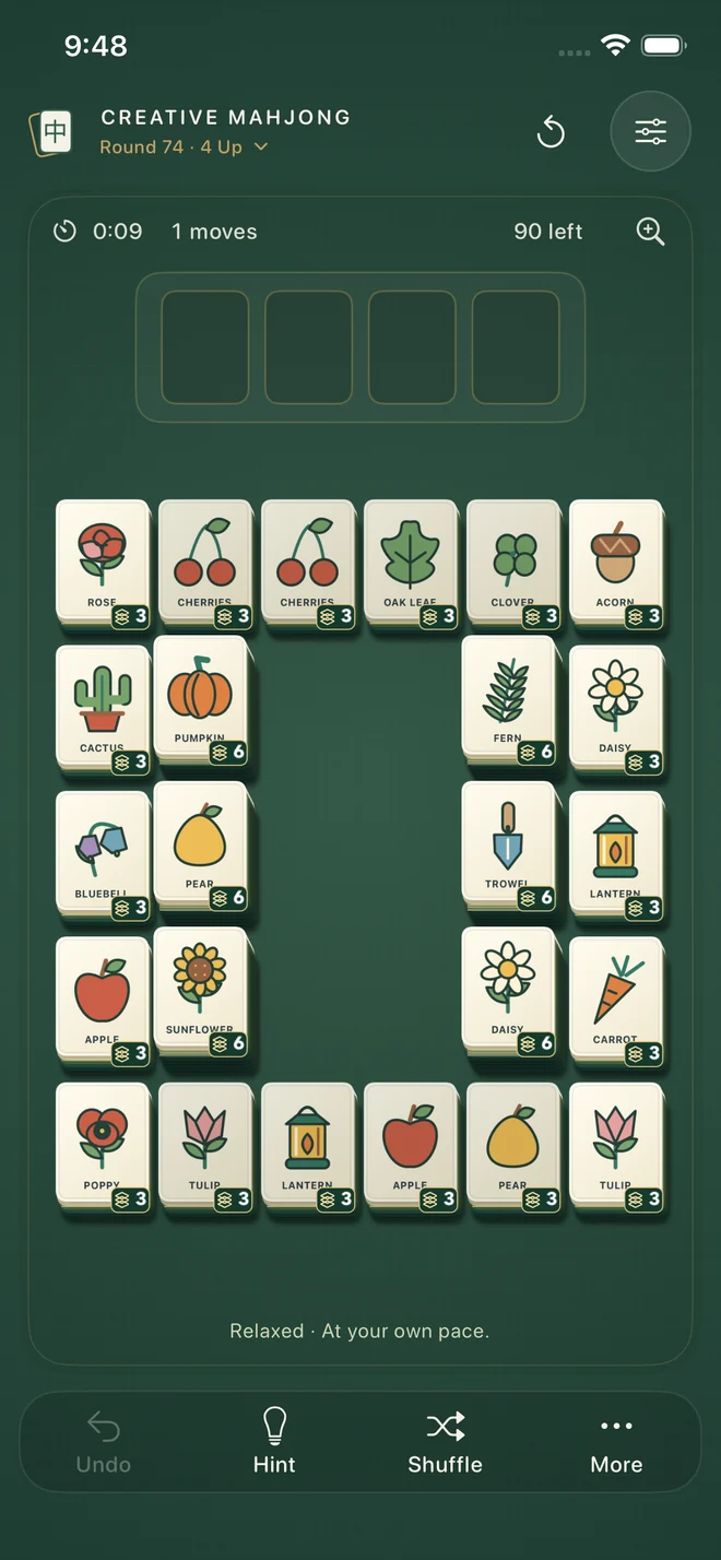 Actual Creative Mahjong gameplay: the In the Garden deck on a layered 4 Up board, with Undo, Hint, and Shuffle controls.